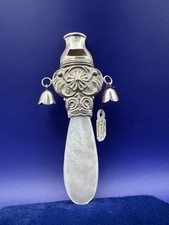 Victorian Sterling Silver Baby Rattle Whistle Mother of Pearl Teether Bells