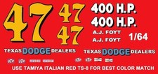  47 AJ Foyt Texas Dodge Dealers 1964 1/64th Scale Nascar Waterslide Decals