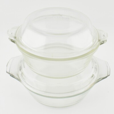 2x Vintage Pyrex Auflaufform frühe Pyrex Marke & JAJ Klarglas