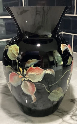 Fenton Black Ebony and Floral Hand Painted  Vase Signed 797/2000