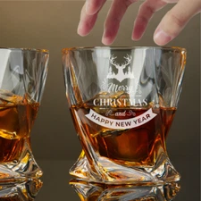 Custom Engraved Merry Christmas & Happy New Year Twisted Whiskey Glass – 10 oz