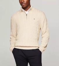  109 Tommy Hilfiger Men  s Cotton Cable Knit Quarter-Zip Sweater Beige Heather M