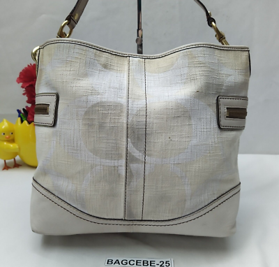 美品 Coach Hobo Hand Bag Signature White Coach Signature Of-White Canvas Leather Trim Zipper Pockets Hobo