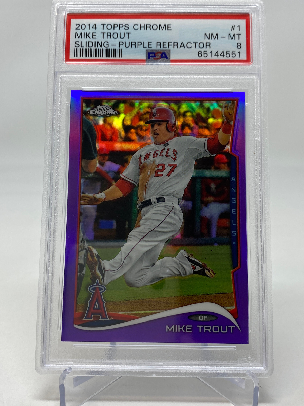 2014 Topps Chrome #1 Mike Trout Sliding PURPLE REFRACTOR - PSA 8 - POP 99 view 15