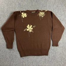 Dalton Limited Sweater Womens Large Brown Crew Neck Floral Lambswool Angora