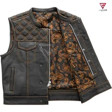 Men's Leather Vest Custom Motorbike Orange Paisley Liner Motorcycle Waistcoat