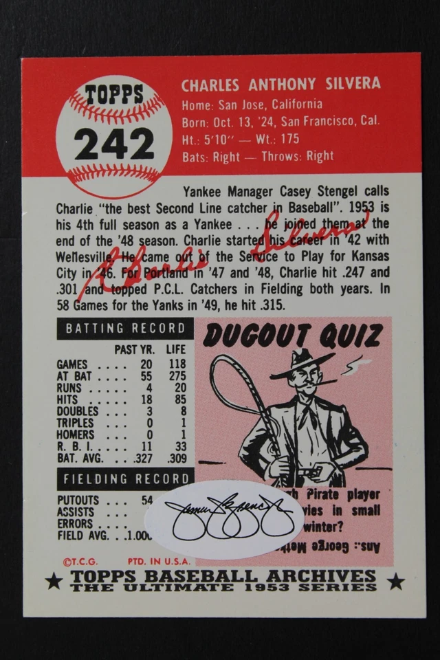 Charlie Silvera (d.2019) Autographed 1991 Topps #242 1953 Topps Archives JSA - Image 2 of 3