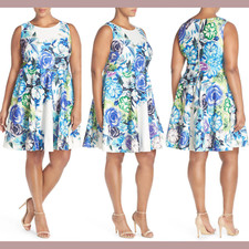 NWT $158 Eliza J [ PLUS 18W ] Floral Print Scuba Fit & Flare Dress White #S341
