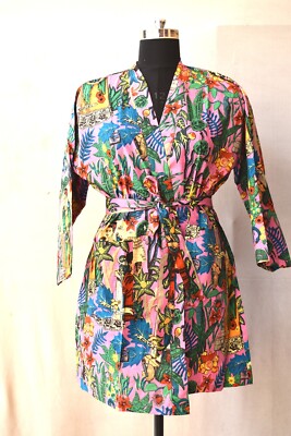 Indian Cotton Robe Short Kimono Sleepwear Pink Frida Kahlo Night Suit Kimonos US