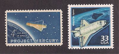 JOHN GLENN - 1962 PROJECT MERCURY + 1998 SPACE SHUTTLE - SET OF 2 U.S. STAMPS
