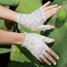 Kristin Perry Sheer Fingerless Lace Crystal Bridal Gloves
