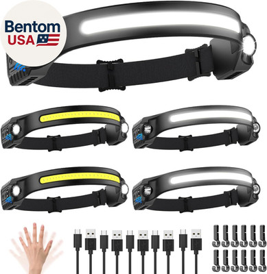 Headlamp Rechargeable 5Pack, 230° Wide Beam Head Lamp with 2 Spotlights, LED Hea