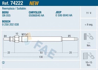 Glühkerze FAE 74222 für KJ CHEROKEE JEEP VOYAGER CHRYSLER RS RG 11V M10x1 CRD 4