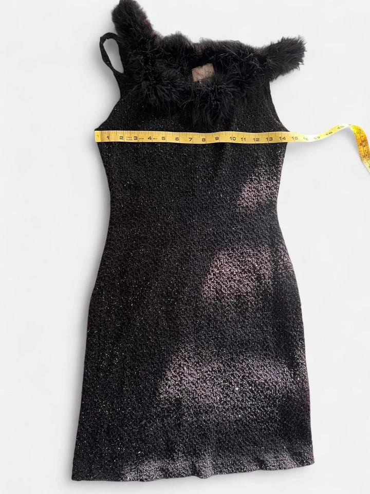 A'Gaci USA Vintage Feather Trim Metallic Glam Little Black Stretch Dress - Image 4 of 4