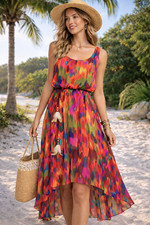 Ronni Nicole Hi-Low Maxi Dress Bold Colors Flowy Feathers Tropical Beach sz 4