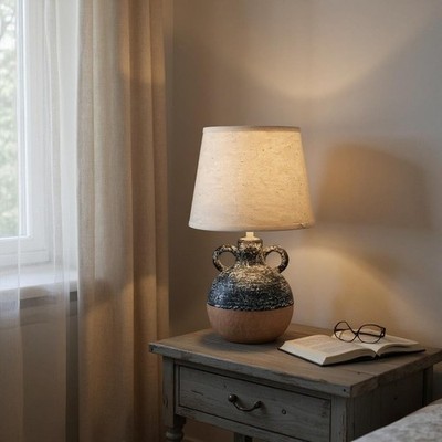 Rustikale Keramik Tischlampe mit Trommelschirm 38 cm - Erdurne Design & Druck