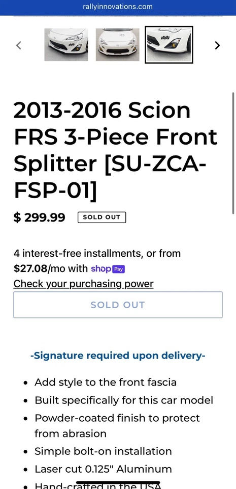 Divisor delantero de 3 piezas Scion FRS 2013-2016 labio del parachoques Foto 4 de 4