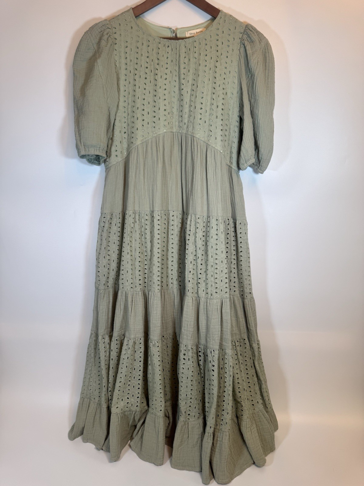 Shop Stevie Women's L 100% Cotton Tiered Sage Maxi Dress Eyelet Gauzy Pockets!