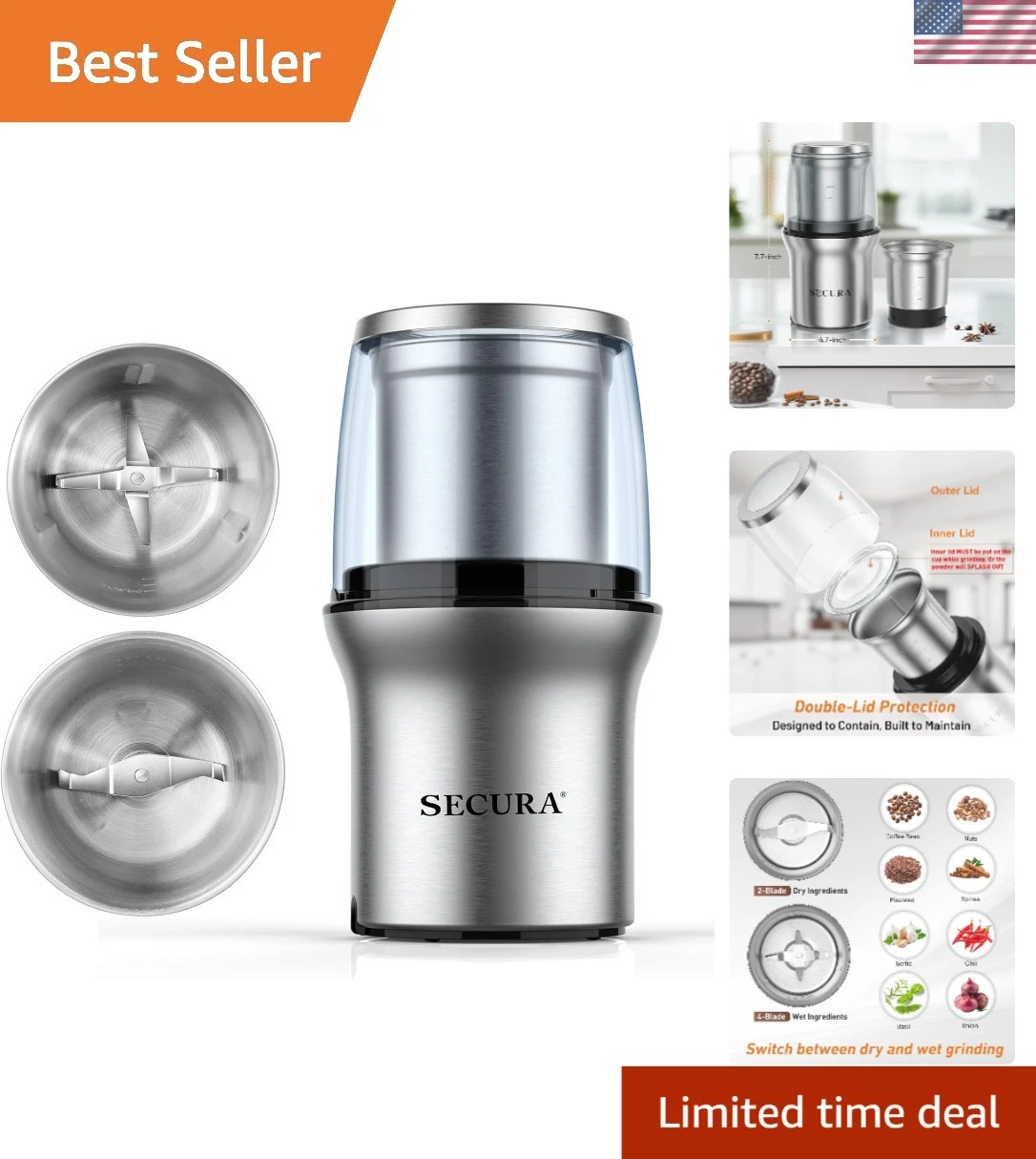 Versatile Electric Grinder with Removable Bowls - Perfect for Coffee & Spices