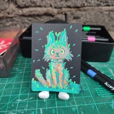 ACEO Original Painting Green Grass Cat Sitting Art Card AcrylicMarker Back Paper