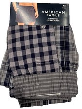 NWT AMERICAN EAGLE Stretch Pocket Boxer Sz XS-S-M-L Blue Gray Plaid Checks 69