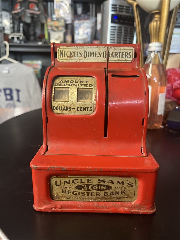 Vintage 1960s Uncle Sam's 3 Coin Register Bank Red Metal Works