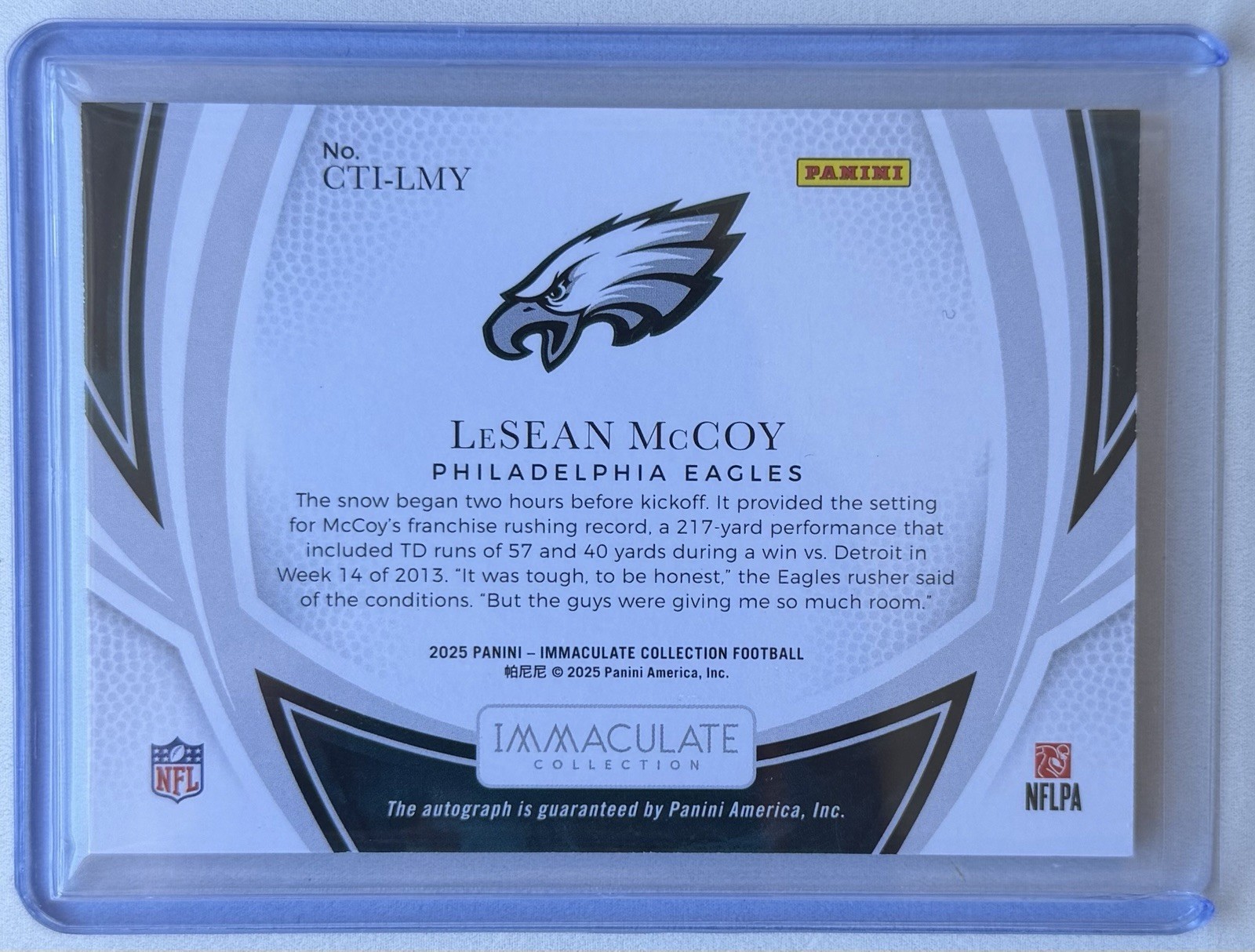 2025 Panini Immaculate Collection LeSean McCoy Clutch Time Ink CTI-LMY Auto /99 view 2