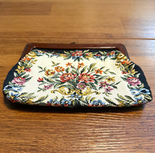 Vintage Floral Tapestry Kisslock Clutch Black Fabric Lined
