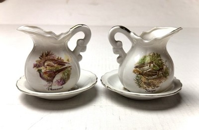 Vintage Fine Porcelain Pitcher & Wash Basin Pheasants Snipe Bird Gilt Trim