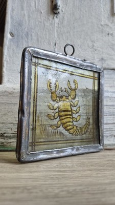 Antike Buntglasscheibe, antikes rückseitig bemaltes Glas