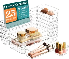 Clear Drawer Organizer Set 25-Piece – Modular Bins for Desk/Bath & Vanity/Makeup
