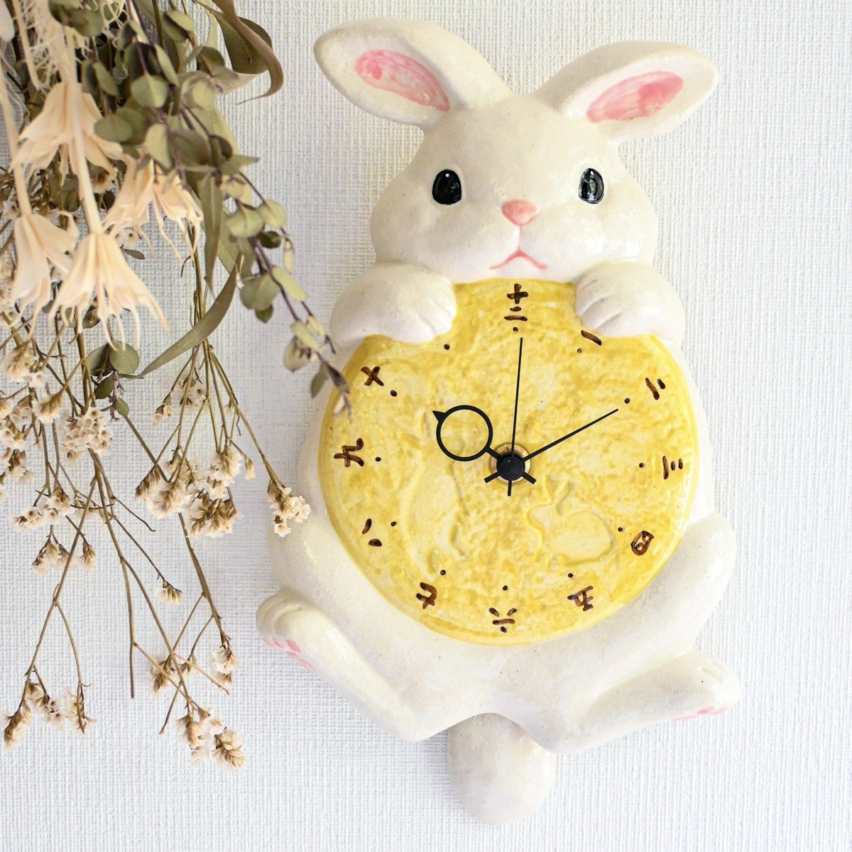 Japanese Lucky White Rabbit Pendulum Wall Clock w/Moon Seto Ware