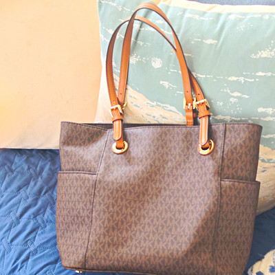 Michael Kors Brown MK Monogram Tote, Zip Top, Leather Strap, Brand Card