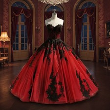 Gothic Black And Red A-Line Wedding Dresses Lace Appliques Vintage Bridal Gowns