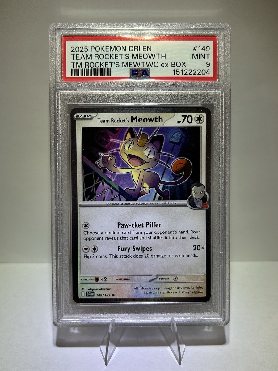 Team Rocket's Meowth 149/182 PSA Mint 9 Cosmos Holo DOUBLE SWIRL
