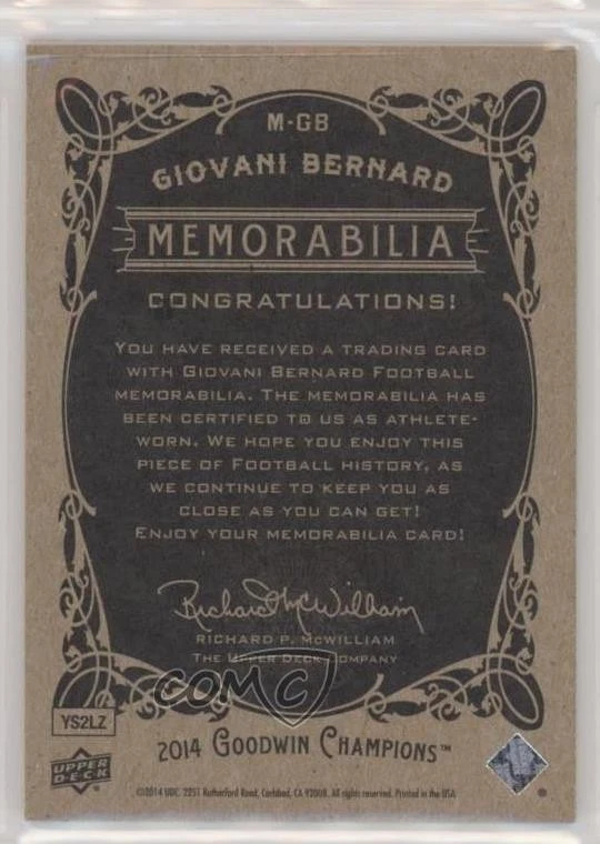 2014 Upper Deck Goodwin Champions Memorabilia Giovani Bernard #M-GB - Image 2 of 2