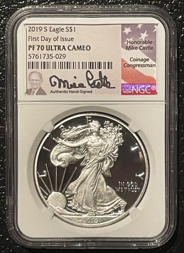 2019-S $1 SILVER AMERICAN EAGLE NGC PF70 First Day of Issue MIKE CASTLE : 07006