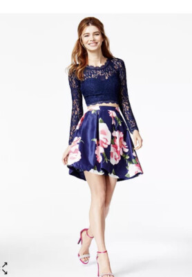 Sequin Hearts Formal Two Piece Navy & Floral with Lace Skirt & Crop Top  Size 5 | eBay