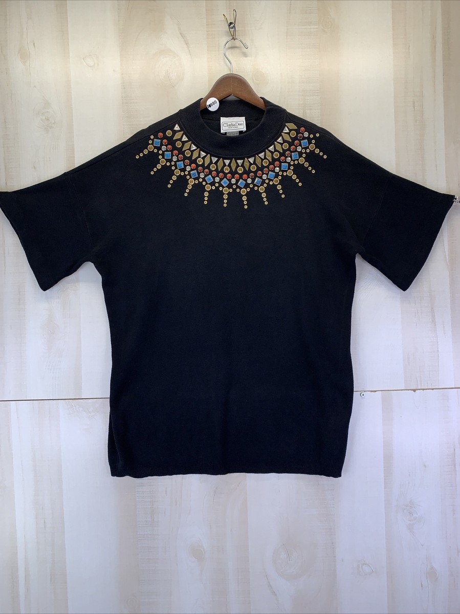 Vintage 90s Beaded Neck T Shirt By Clodia Dee USA Made-10880