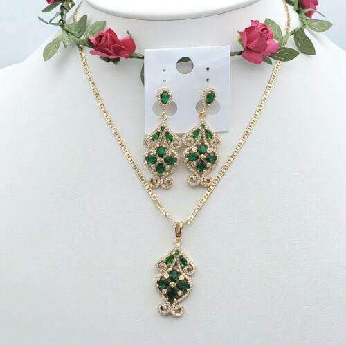18K Gold Color Flower Green Emerald Crystals SET Necklace & Chandelier Earrings - Picture 1 of 4