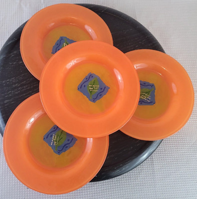 4 Glasax Top Line 8 1/4  Plates Orange Glass Hand Painted Green Leaf on Water