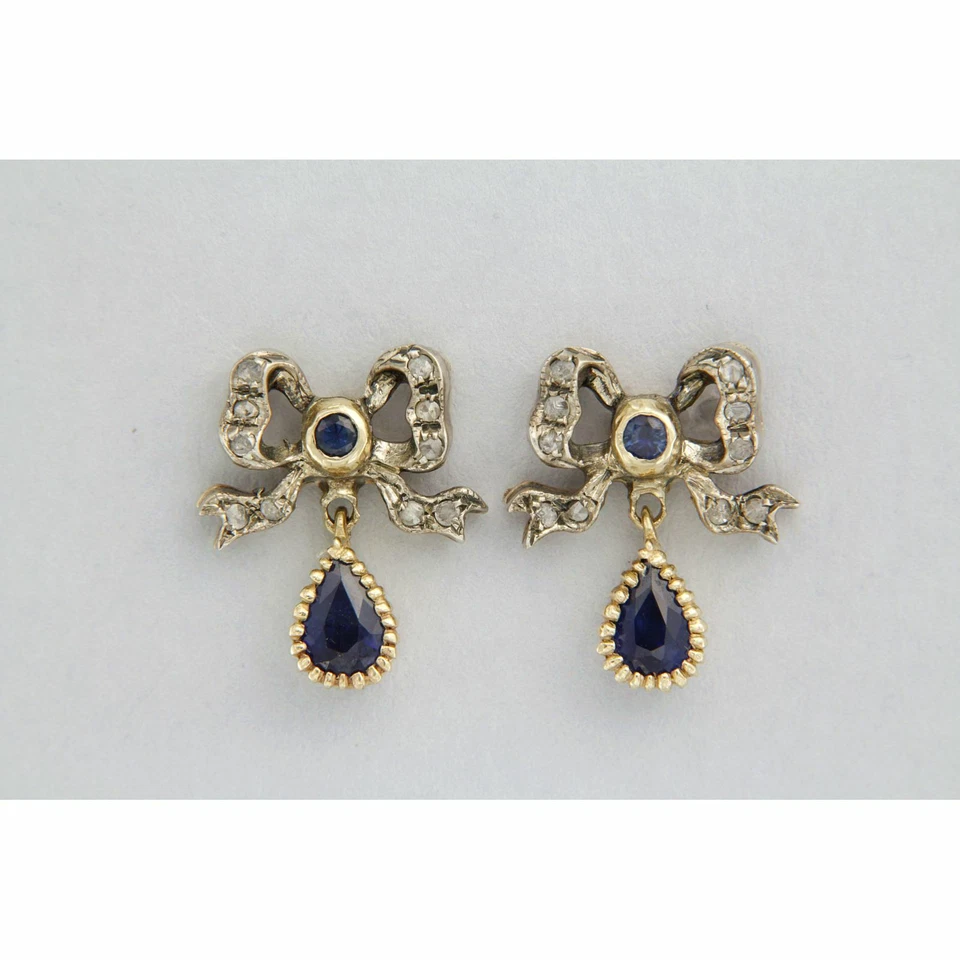 Orecchini in ORO Giallo 14 kt con ZAFFIRO Blu e DIAMANTI Pendenti Stile Antichi - Immagine 2 di 4