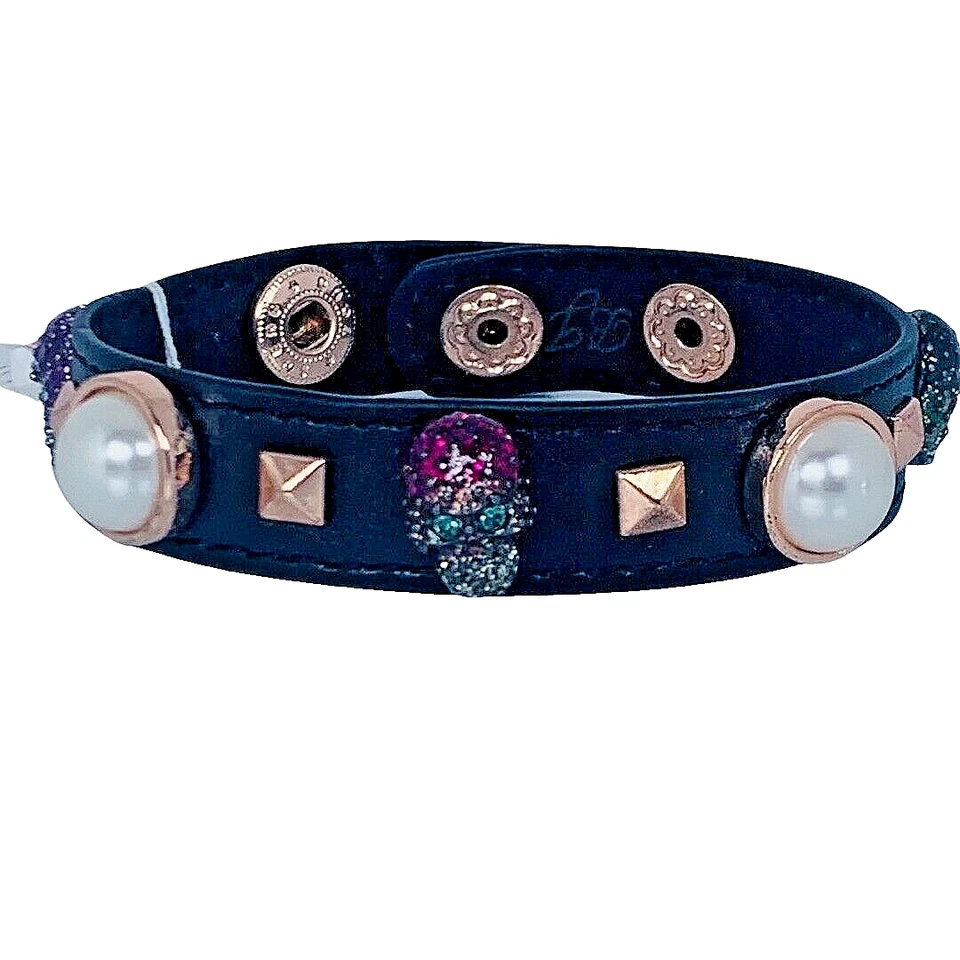 Betsey Johnson Crystal Black Leather Skull Pearl Bracelet DUCHESS OF BETSEYVILLE - Image 2 of 4