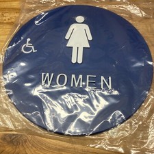 ADA Handicap Female Accessible Restroom Sign, Blue and White, 12" Dia.