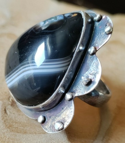 Vtg Navajo Southwest Sterling Silver Black White Banded Agate Size 9~11g Signed - Picture 12 of 12