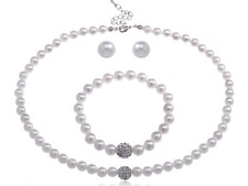 Faux Pearl Rhinestone Three Piece Earing Bracelet Necklace Set