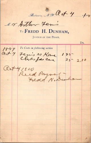 1920 Fredd H Dunham justice of the Peace to Arthur Ferris  BATAVIA NY  K101 - Picture 1 of 1