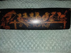 Antique Black Lacquer Pen and Pencil Box Whimsical - Crow Teaching Singing