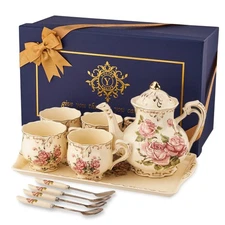 YOLIFE Porcelain Tea Set Vintage Rose, Tea Cups with Teapot, Serving Tray and...