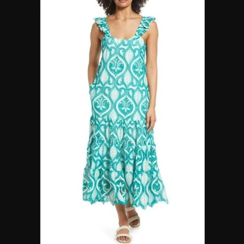 OFF WHITE Abito midi BTFL life ricamato con spalline svasate Kelly verde bianco sporco XS